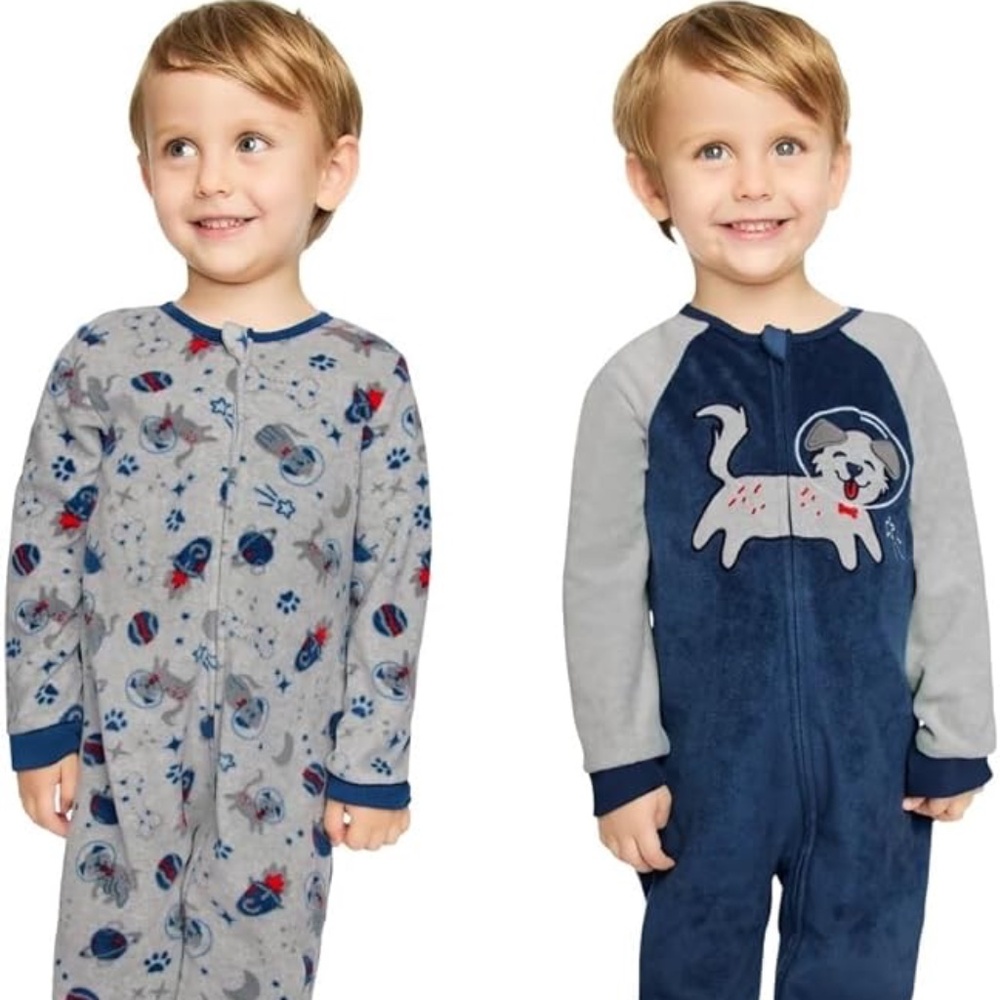 2 Pack Set Kids Headquarters Blanket Sleepers Space Puppy Cozy Fleece PJs | 12M